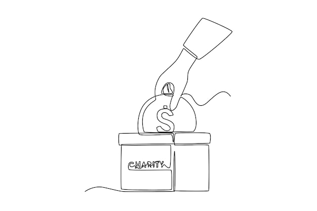 Continuous one line drawing hand puts coin into box charity in the month of Ramadan Ramadan activity concept Single line draw design vector graphic illustration