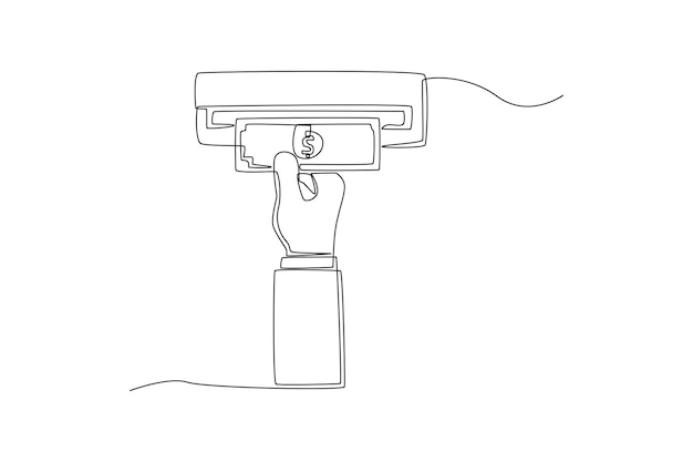 Disegno continuo di una linea a mano che preleva denaro contante dal bancomat concetto di bancomat illustrazione grafica vettoriale con disegno a linea singola