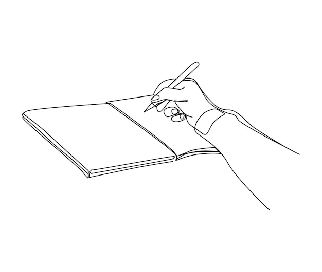 Vector continuous one line drawing of hand writing on the book hand holding pen single line art vector illustration