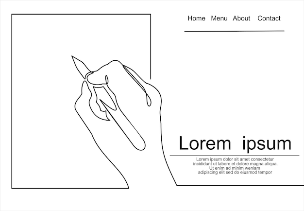 미니멀리즘 스타일을 쓰는 손의 연속적인 한 줄. 잉크 펜 또는 연필을 들고 손가락