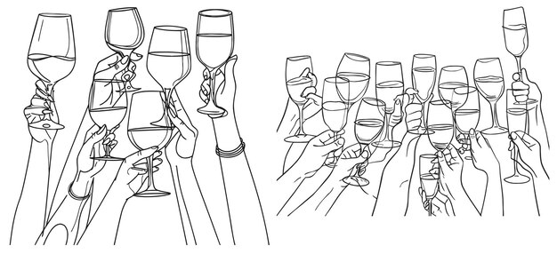 Vettore disegno continuo in una linea mani che applaudono con bicchieri di vino