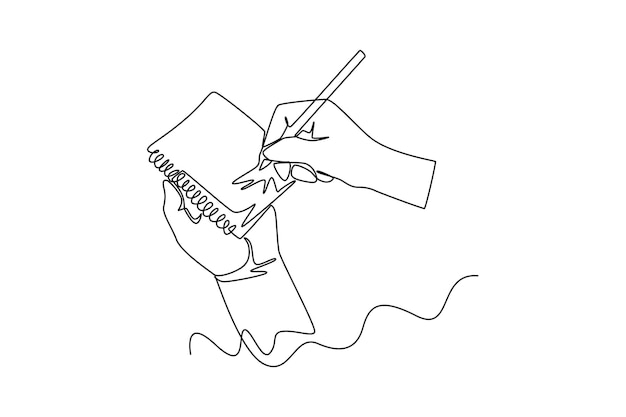 Continuous one line drawing of hands holding pens and pencils writing letter on paper taking notes in notebook filling diary and signing business documents concept Doodle vector illustration