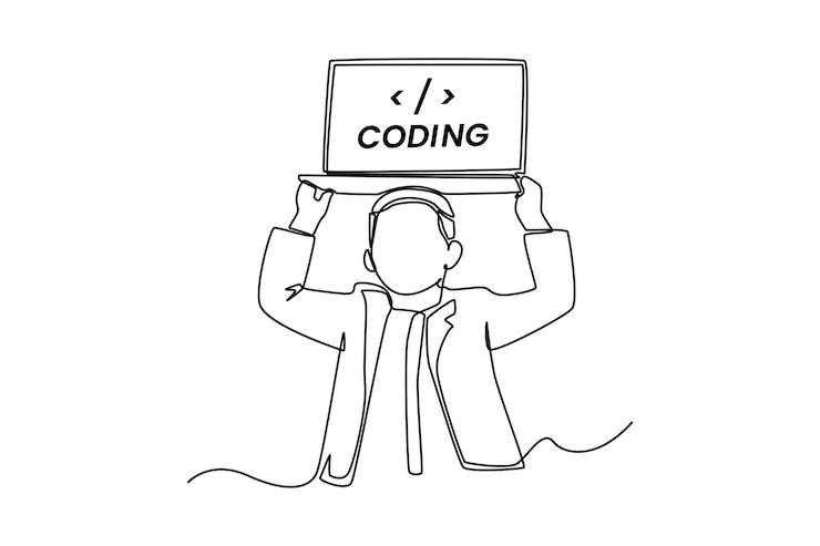 Premium Vector | Continuous one line drawing happy boy kid programmer ...
