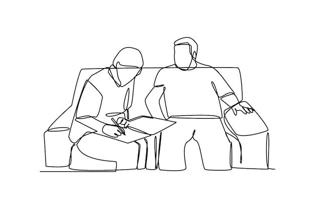 Continuous one line drawing happy boy sharing with his father in the living room Concept of home health care activities Single line draw design vector graphic illustration