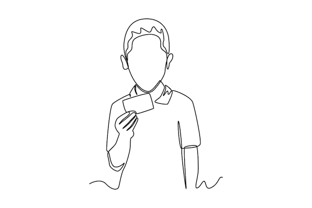 Continuous one line drawing happy boy using credit or debit card for online transaction Cashless concept Single line draw design vector graphic illustration