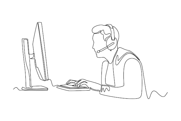 Continuous one line drawing happy boy wearing headset playing online video game on his computer Esports game concept Single line draw design vector graphic illustration