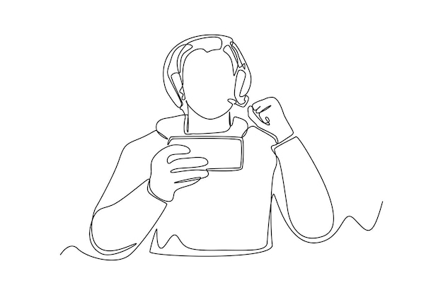 ヘッドセットを着てスマートフォンでオンライン ビデオ ゲームをプレイする幸せな少年を連続 1 線で描く E スポーツ ゲーム コンセプト