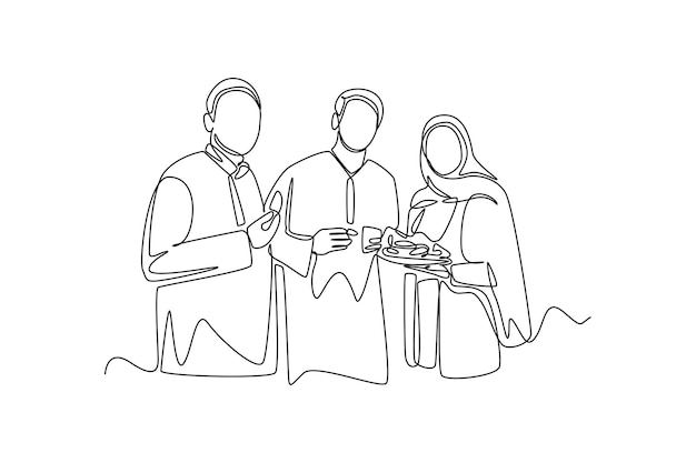 Непрерывный рисунок одной линии счастливые брат и сестра едят вместе в концепции Ид Мубарак Ид аль-Фитр Дизайн векторной графической иллюстрации одной линии