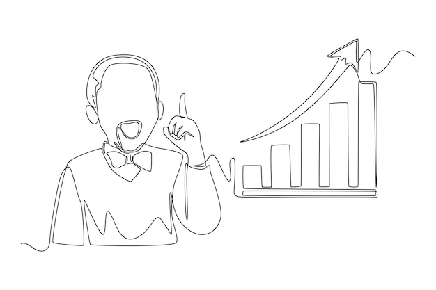 財務グラフの矢印が増加しているため、連続した 1 つの線画の幸せなかわいい男の子 経済とビジネスの概念 単線描画デザイン ベクトル グラフィック イラスト