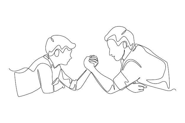 Continuous one line drawing happy father and son competing in arm wrestling Rising teens concept Single line draw design vector graphic illustration