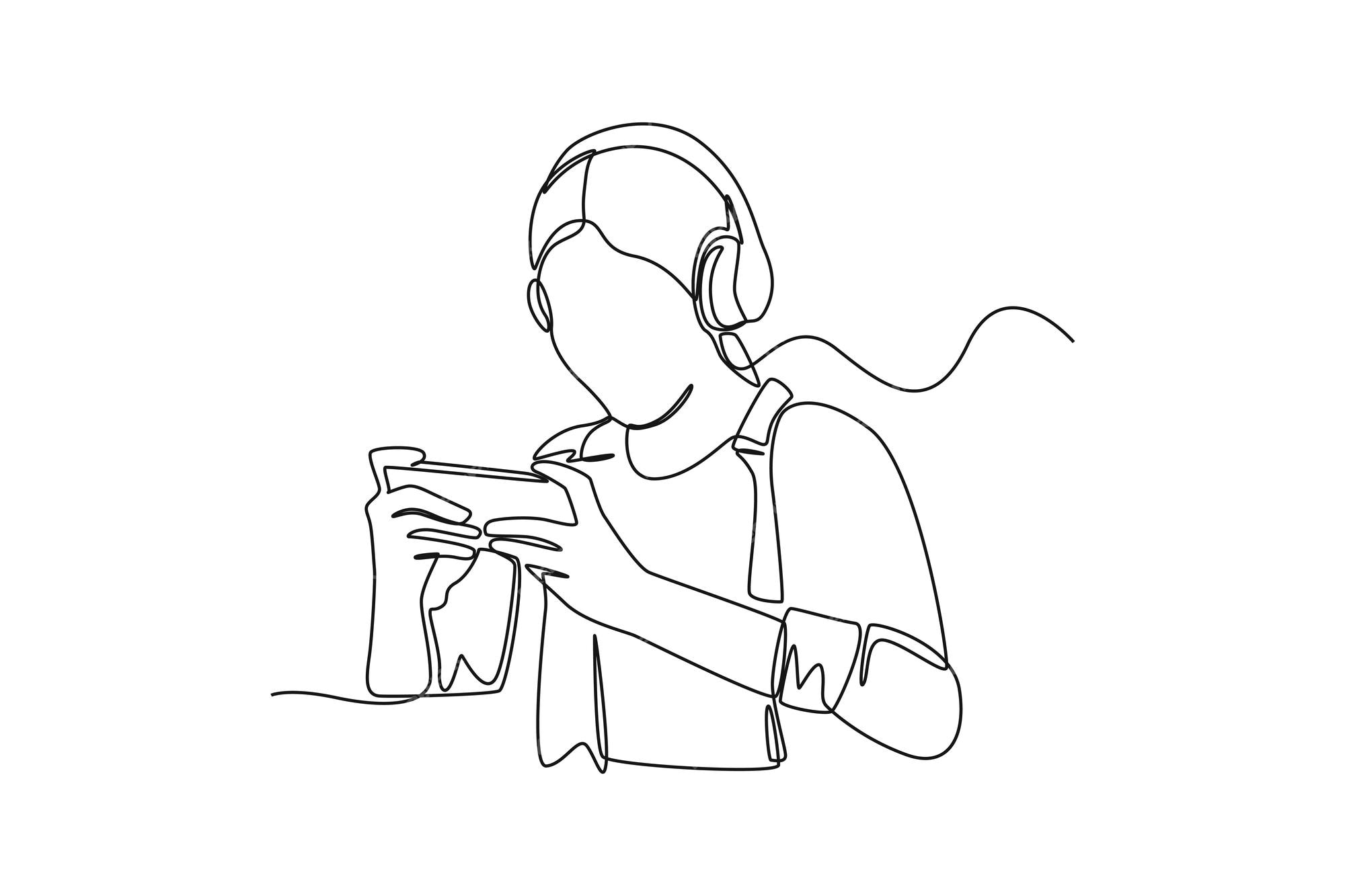 A young man with headset looking at monitor computer. Continuous one line  drawing of a gamer playing games with computer monitor, headphone, mouse,  and keyboard. Sparring game online concept 2099816 Vector Art