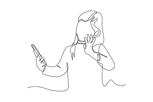 Continuous one line drawing Happy girl recording his lifestyle blog while talking to a smartphone Vlogging concept Single line draw design vector graphic illustration