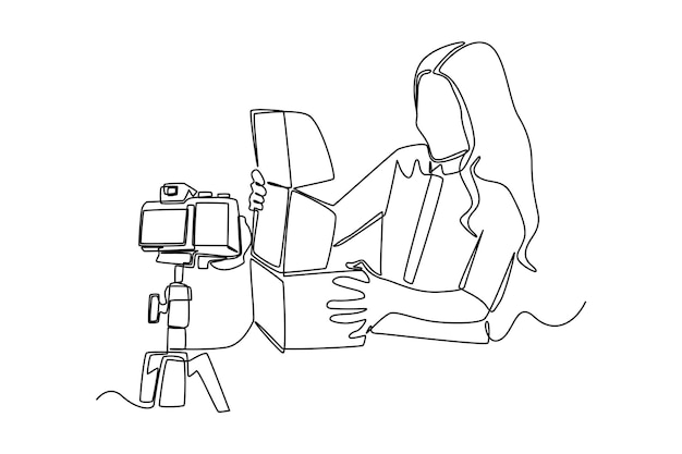 Disegno continuo di una linea felice ragazza che registra un video di unboxing sulla fotocamera concetto di vlogging illustrazione grafica vettoriale del disegno a linea singola