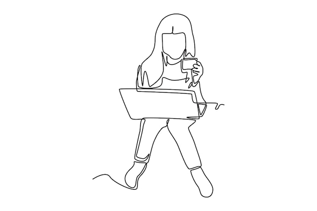 Continuous one line drawing happy girl using credit or debit card for online transaction through laptop Cashless concept Single line draw design vector graphic illustration