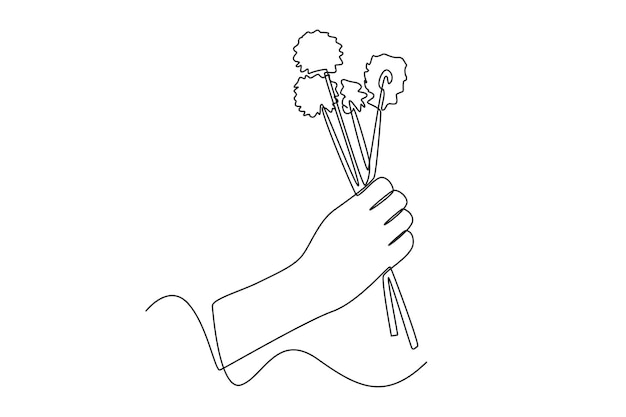 Continuous one line drawing happy hand hold dandelions Spring concept Single line draw design vector graphic illustration