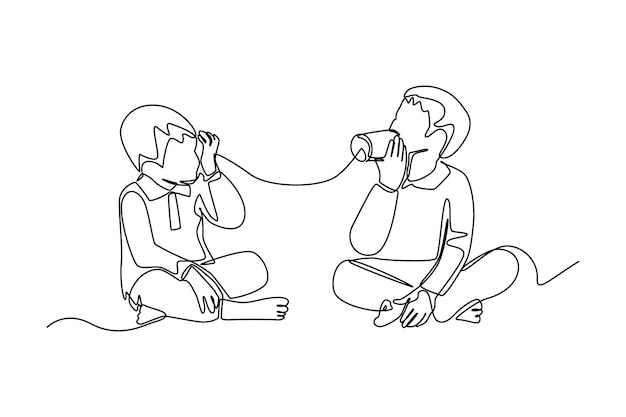 Continuous one line drawing happy little boys talk using string phone Communication concept Single line draw design vector graphic illustration