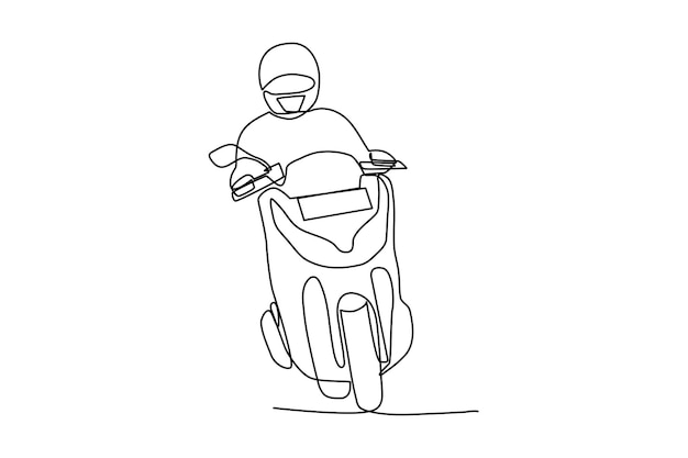 Continuous one line drawing happy man riding motorbike on the road using helmet Safety ride concept Single line draw design vector graphic illustration