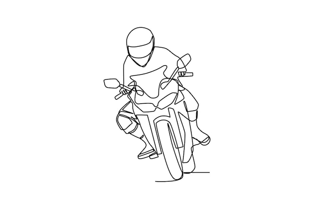 Continuous one line drawing happy man riding motorbike on the road using helmet Safety ride concept Single line draw design vector graphic illustration