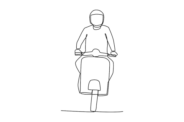 Continuous one line drawing happy man riding vintage motorcycle on the road using helmet Safety ride concept Single line draw design vector graphic illustration