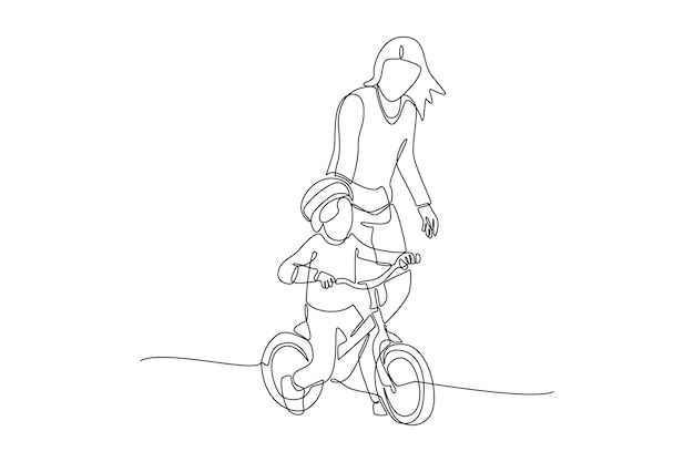 Continuous one line drawing happy parents with her child riding bike together vector illustration