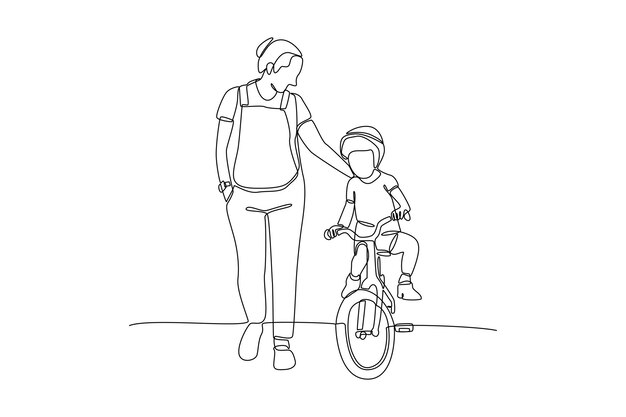 Continuous one line drawing happy parents with her child riding bike together vector illustration