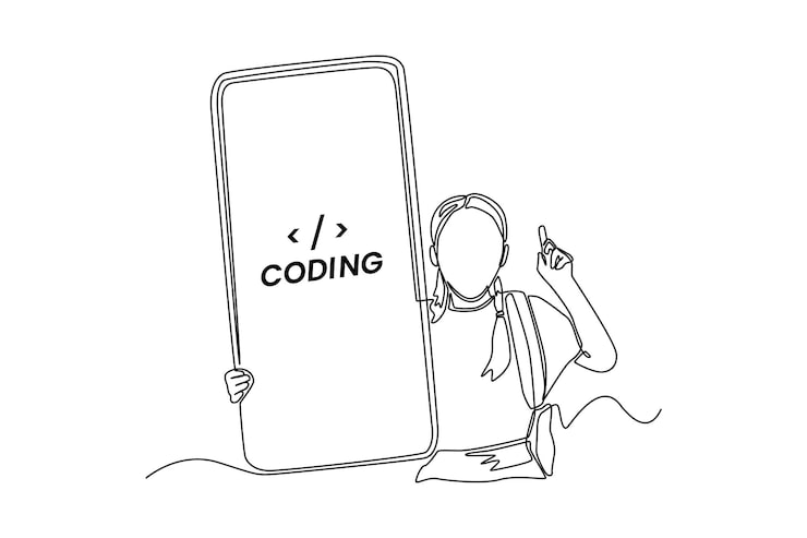 Vector continuous one line drawing happy programmer hold code programming for smartphone programming code concept single line draw design vector graphic illustration