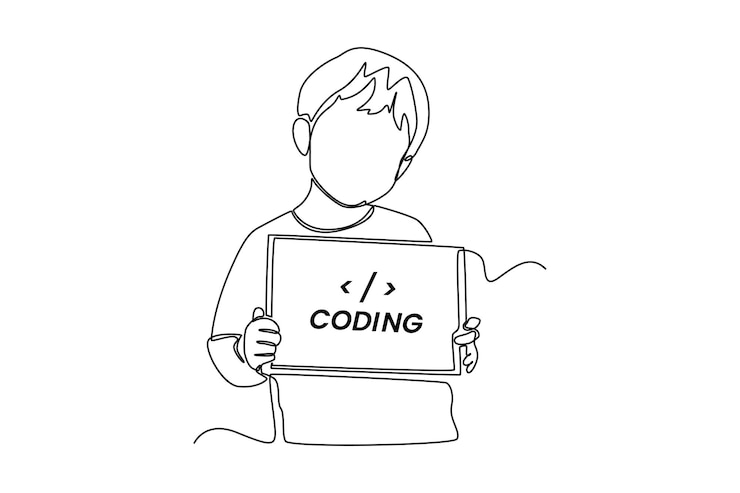 Vector continuous one line drawing happy programmer pointing programming code in tablet programming code concept single line draw design vector graphic illustration