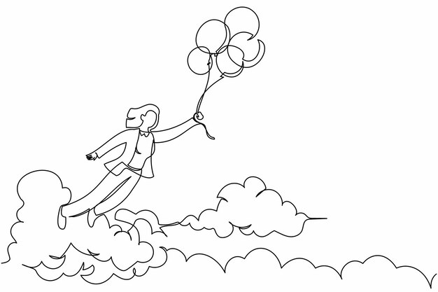 Continuous one line drawing happy wealthy businesswoman flying with balloon air in sky illustration