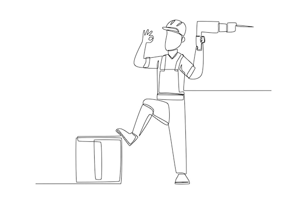 Вектор Непрерывный рисунок одной линии счастливого рабочего с дрелью концепция дня инженеров однолинейный рисунок дизайн векторной графической иллюстрации