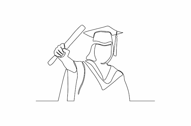 Continuous one line drawing of happy young graduate female student wearing graduation suit Premium