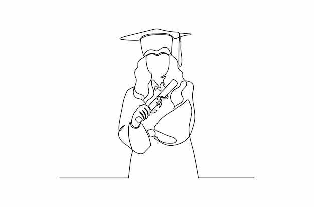 Vector continuous one line drawing of happy young graduate female student wearing graduation suit premium