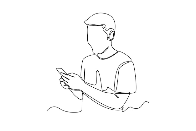 Continuous one line drawing happy young man typing in smartphone communication concept single line draw design vector graphic illustration