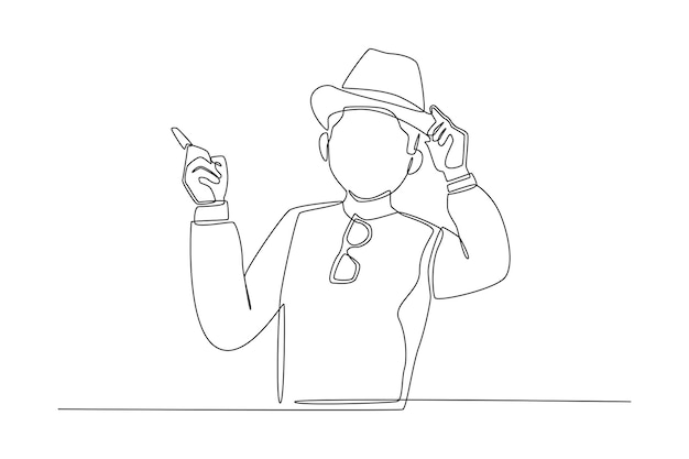 Continuous one line drawing happy young man with hat and glasses pointing finger up World tourism day concept Single line draw design vector graphic illustration