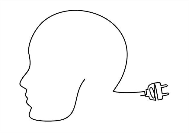 Continuous one line drawing of head with plug inside