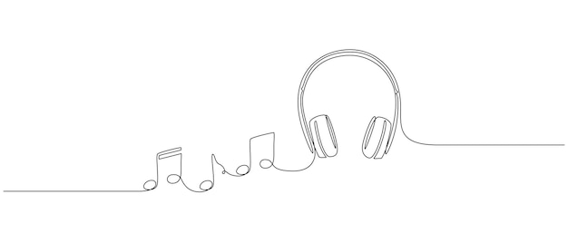 Disegno continuo di una linea dell'altoparlante delle cuffie con note musicali gadget per cuffie e dispositivi auricolari in stile lineare semplice tratto modificabile illustrazione vettoriale del doodle