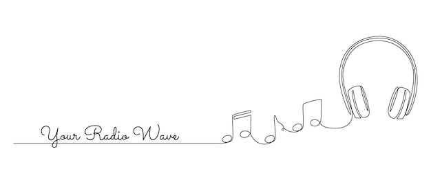 Disegno continuo di una linea dell'altoparlante delle cuffie con note gadget musicali e dispositivi auricolari in stile lineare semplice tratto modificabile illustrazione vettoriale del doodle