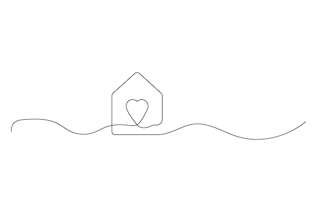 Vettore disegno continuo di una linea cuore all'interno della casa amore e simbolo della famiglia contorno minimalista