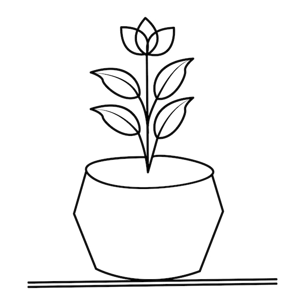 Непрерывный однолинейный рисунок домашнего растения в векторной иллюстрации горшка дерева