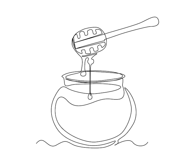 Continuous one line drawing of honey pot and dipper simple illustration of honey bee on the glass jar line art vector illustration