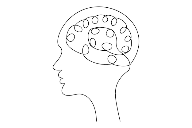 Continuous one line drawing of human brain Hand drawn minimalism style
