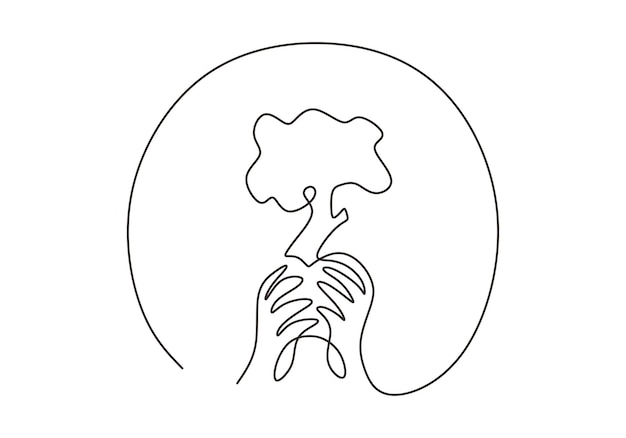 Continuous one line drawing of human hands holding a plant to describe back to nature theme isolated on white background Concept of growing and love earth Vector minimalism design
