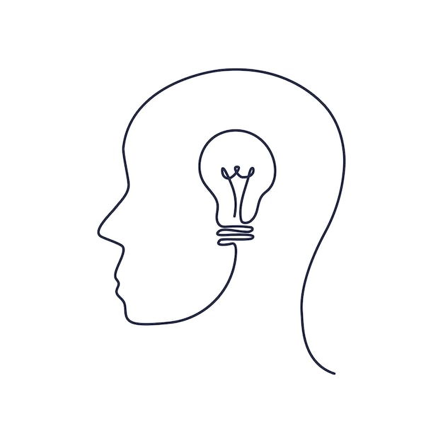 Vector continuous one line drawing of human head with a bulb lamp nonstandard thinking creative idea