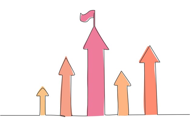 벡터 연속적인 한 선 그리기 위쪽 화살표 기호는 위쪽에 플래그가 있고 성공 비즈니스 목표