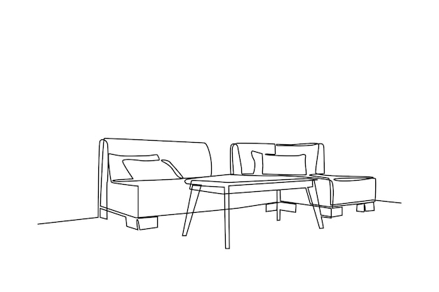 Непрерывный рисунок одной линии Интерьер гостиной с диваном и декоративными аксессуарами Концепция гостиной Однолинейный рисунок дизайн векторной графической иллюстрации