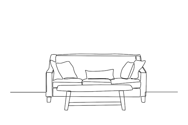 Continuous one line drawing Interior of the living room with sofa and decoration accessories Living room concept Single line draw design vector graphic illustration