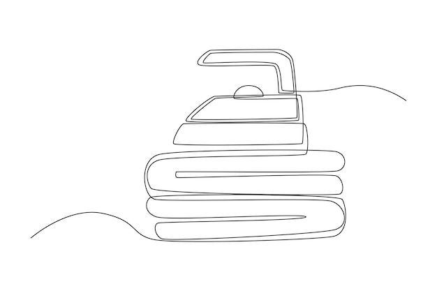Непрерывное рисование одной линии утюгом на куче одежды Концепция обслуживания прачечной Концепция рисования одной линии векторная графическая иллюстрация