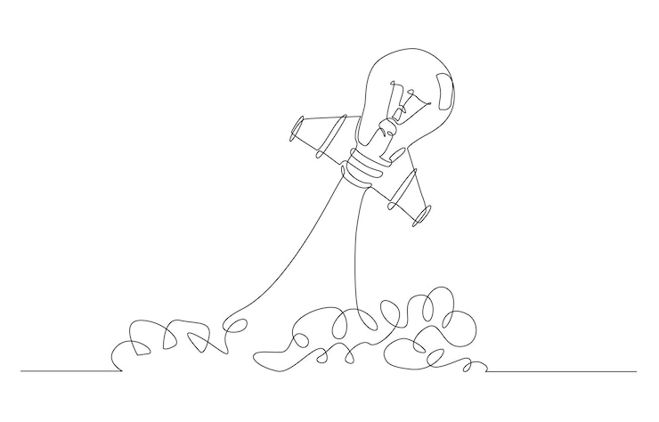Vector continuous one line drawing of light bulb rocket soaring to sky startup idea concept