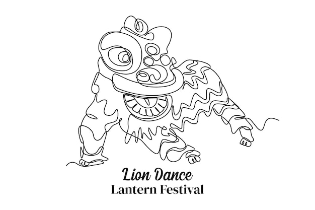 Disegno continuo a una linea danza del leone festival delle lanterne concetto illustrazione grafica vettoriale del disegno a linea singola