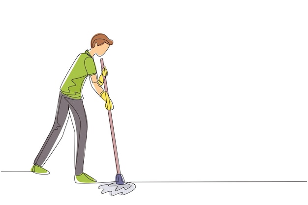 Continuous one line drawing male mopping floor at office Professional cleaning staff design vector