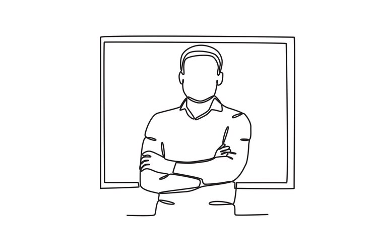 Vector continuous one line drawing of male teacher posing while teaching in class teacher_s day